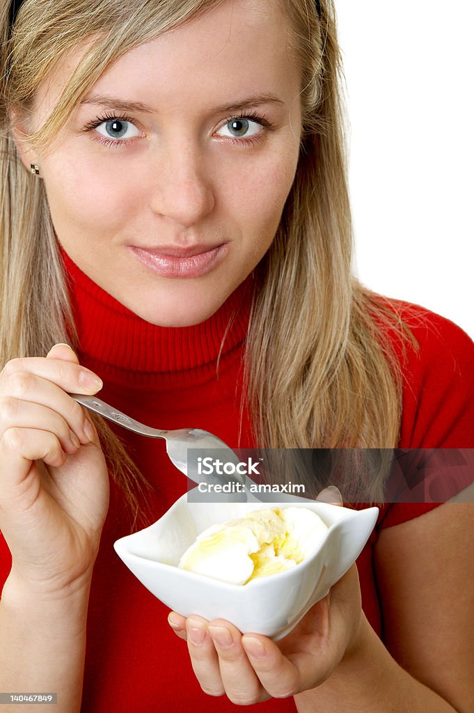 eating ice cream beautiful girl eating ice cream, separate on white Adult Stock Photo