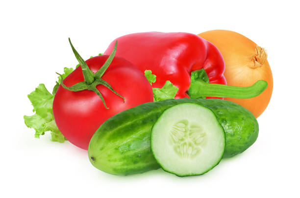 istock Tomatoes, peppers, onions and cucumbers on an isolated white background. Red pepper, red tomatoes, onion and cucumber 1404678740