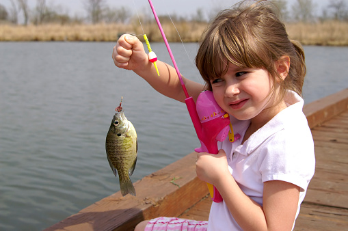 A young girl holding the fish she caught