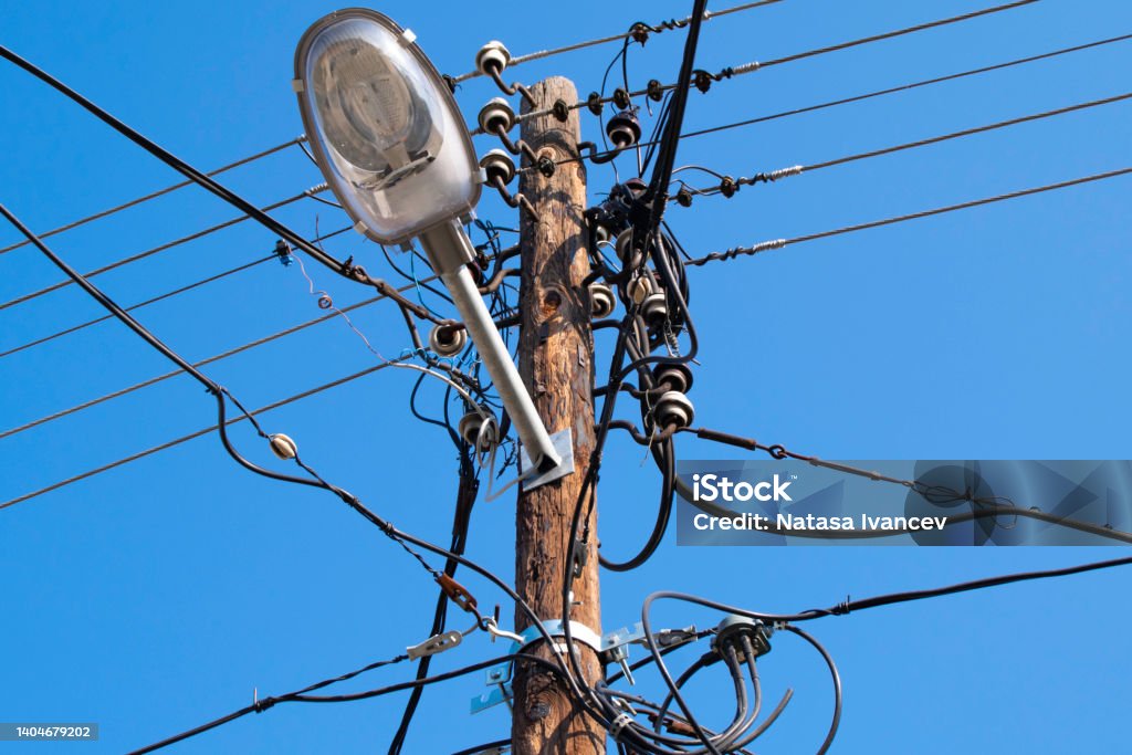 Electricity power wire and street lamp Architectural Column Stock Photo