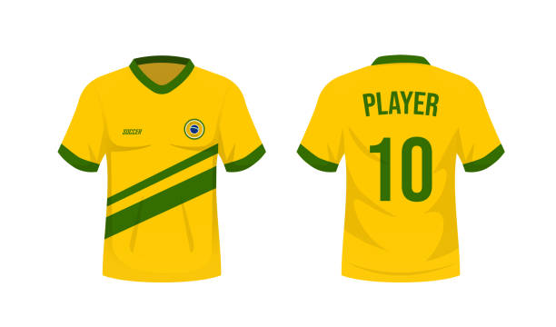 ilustraciones, imágenes clip art, dibujos animados e iconos de stock de camiseta nacional de fútbol de la selección de fútbol de brasil. vista delantera y trasera uniforme de fútbol brasileño. - sports uniform