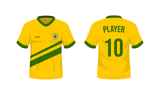 National soccer shirt of the Brazil national team. Front and back view brazilian soccer uniform. Sport shirt mock up. Vector stock