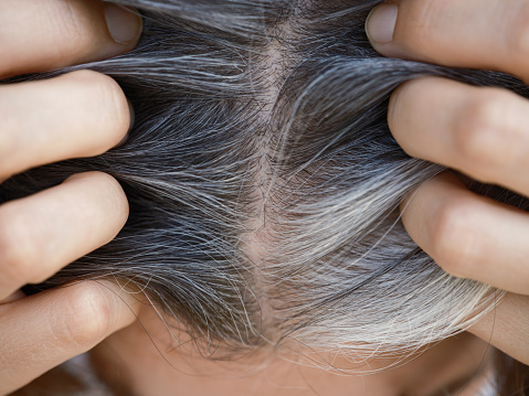 Una mujer mostrando sus raíces de cabello gris photo