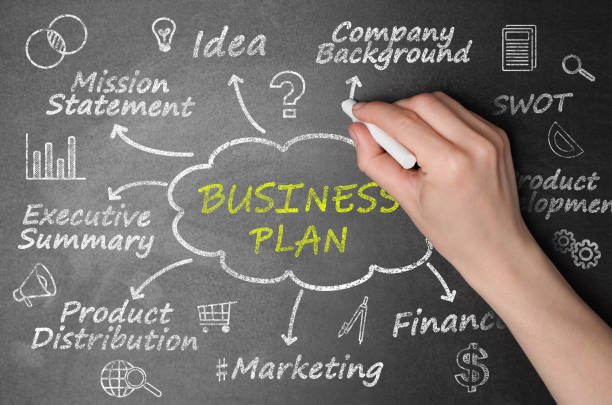 istock Woman drawing business plan scheme with important components on blackboard, top view 1404683920