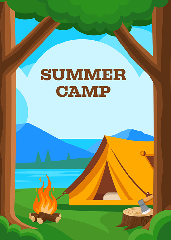 Forest camp poster with orange tent, bonfire, stump with axe. Concept of travel, hiking and activity vacation. Vector banner withcartoon landscape with trees, campsite on green grass and mountains on background"t
