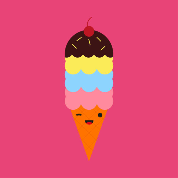istock Fun Ice cream in waffle cones with chocolate and cherry in simple style. Dessert in kawaii style with smiling faces and winking eyes 1404684874