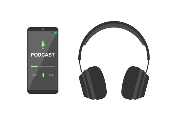 istock Mobile smartphone with podcast app on screen and headphones on white background. Flat vector illustration 1404685086