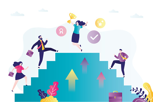 Entrepreneurs climbing career ladder. Happy girl won business competition. Concept of overcoming difficulties and achievements of goals. Woman successfully reached goal. Flat vector illustration