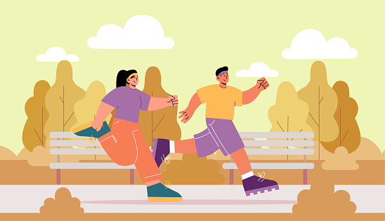 Man and woman run in autumn park. Concept of sport activity, healthy lifestyle with couple runners jogging together. Vector flat fall landscape with two characters joggers on street