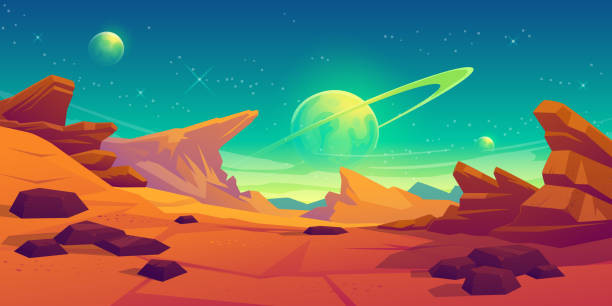 Mars surface, alien planet landscape Mars surface, alien planet landscape. Space game background with orange ground, mountains, stars, Saturn and Earth in sky. Vector cartoon fantastic illustration of cosmos and red martian surface fictional planets stock illustrations