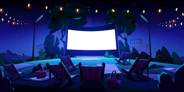 Night open air cinema on lawn in city park Night open air cinema on lawn in city park, garden or backyard. Vector cartoon summer landscape with empty outdoor movie theater with big screen, chaises, picnic baskets and lightbulb garland movie-theater-exterior stock illustrations