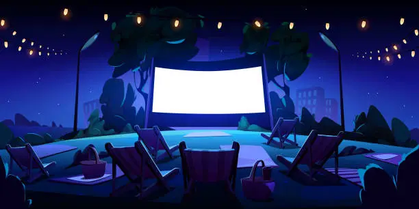 Vector illustration of Night open air cinema on lawn in city park