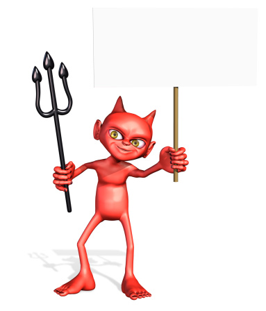 A little devil holds a blank sign and a pitchfork - 3D render.