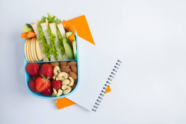 istock School lunch in the blue box and notebook on the white background. Top view. Copy space. 1404685989