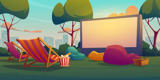 Open air cinema empty place Open air cinema empty place for watching movie. Outdoor movie theater on lawn with big white screen, bean bag chairs and chaises. Vector cartoon landscape of backyard or city public park movie-theater-exterior stock illustrations