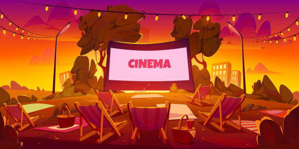 Open air movie theater in city park at sunset Open air movie theater in city park or backyard at sunset. Vector cartoon summer landscape with empty outdoor cinema with big blank screen on green lawn and chaises in evening movie-theater-exterior stock illustrations