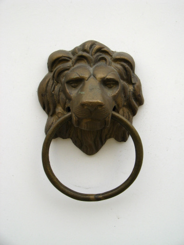 Front view of a lion head door knock on white door