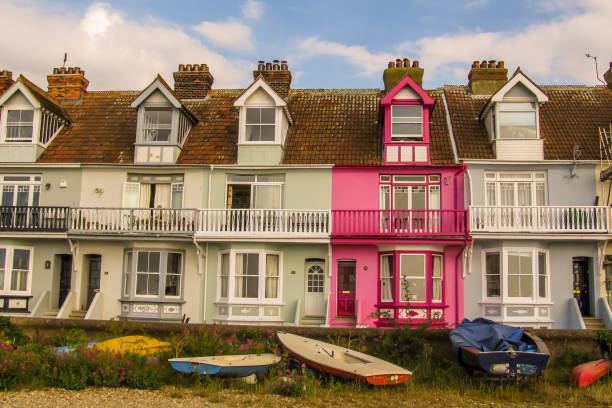 Colorful and Elegant Holiday apartments along the seaside promenade in Whitstable stock photo
