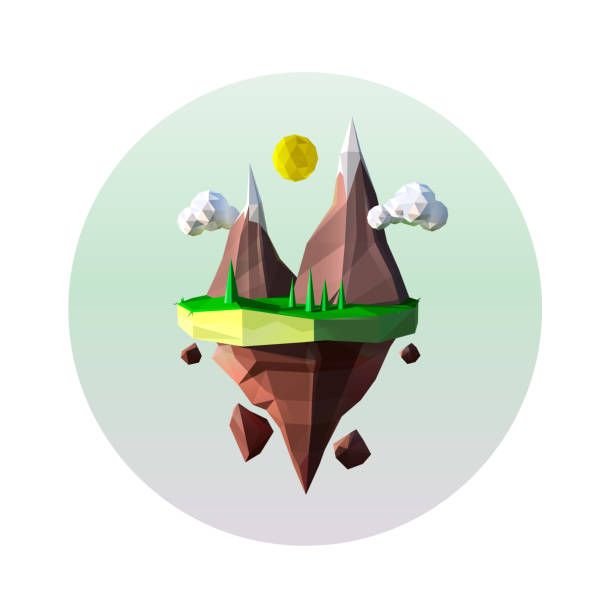 istock Flying Island of Triangles Abstract Mountain Landscape with a Rocket of Triangles 1404688870