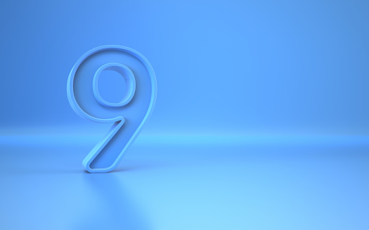 3d Render Number Nine Blue Sitting on Blue Endless Background (close-up)