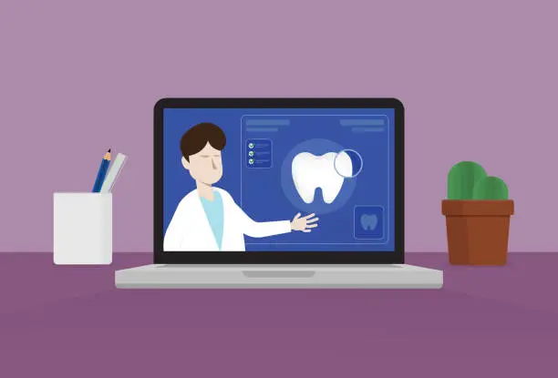 Vector illustration of The patient uses online dental from home