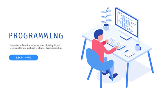 Programming Concept Man Programmer At Work Web Banner Vector ...