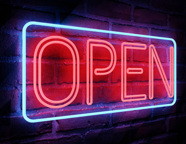 istock Neon open sign on brick wall background. Bright blue red lamp electric illuminated decoration, 3D illustration 1404694042