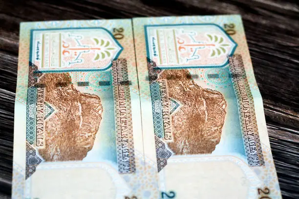 Reverse side of Saudi Arabia 20 SAR twenty Saudi riyals money banknote features Jabal Al-Noor (Hill of Light), a mountain near Mecca in Hejaz region isolated on a wooden background, selective focus