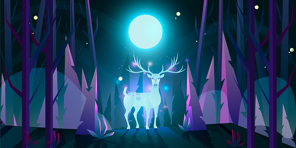 Spirit of the forest Deer in the forest under the moon. Soul of nature. Vector illustration.