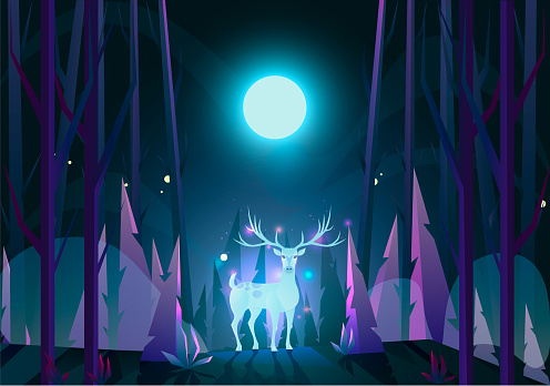 Spirit of the forest Deer in the forest under the moon. Soul of nature. Vector illustration.