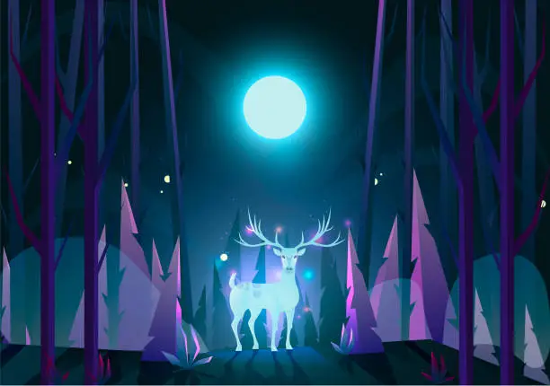 Vector illustration of Spirit of the forest Deer in the forest under the moon