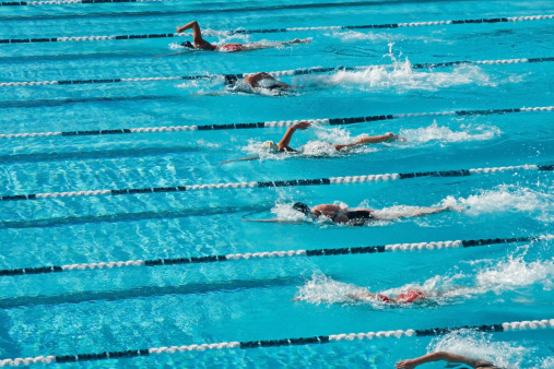 girls swimming freestyle at a summer swim meet