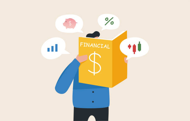 Knowledge of finance and investment. Financial literacy and investment. Handbook of knowledge in money management. Stock market. A young man or businessman reading a financial manual. financial literacy vector stock illustrations