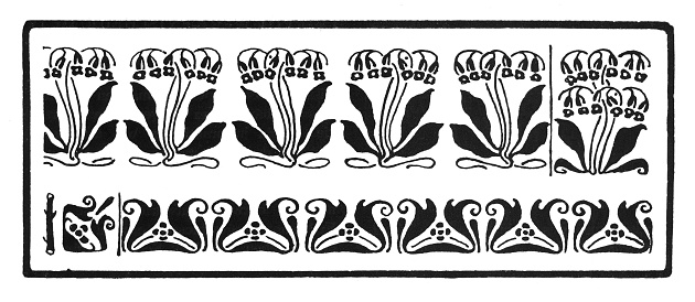 Floral frame pattern - Elements to create a frame.
Art Nouveau is an international style of art, architecture, and applied art, especially the decorative arts, known in different languages by different names: Jugendstil in German, Stile Liberty in Italian, Modernisme català in Catalan, etc. In English it is also known as the Modern Style. The style was most popular between 1890 and 1910 during the Belle Époque period that ended with the start of World War I in 1914.
Original edition from my own archives
Source : Deutsche Kunst und Dekoration Band I 1898