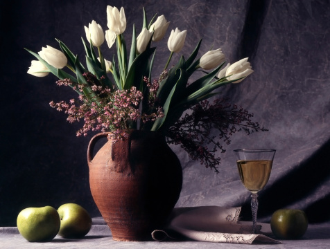 Flowers in Vase, White Wine with Green Apples