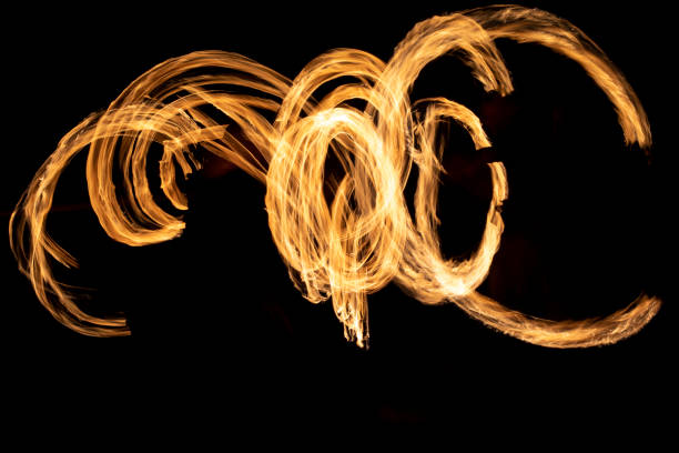 istock Circles of flames in dark. Fire show on long camera shutter speed. Flames. 1404698795