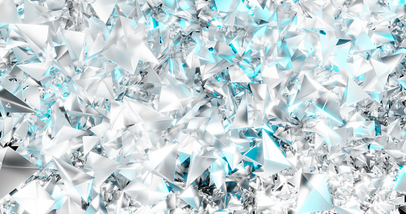3D abstract white, turquoise, gray shapes with shiny pieces on a light background. crystals
