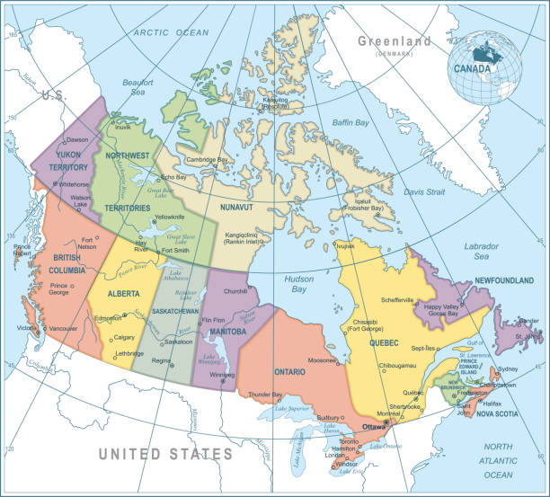 ilustraciones, imágenes clip art, dibujos animados e iconos de stock de mapa de canadá - ilustración vectorial muy detallada - alberta map canada cartography