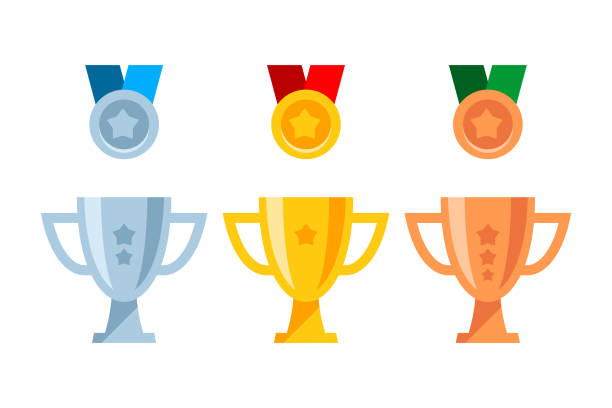 ilustraciones, imágenes clip art, dibujos animados e iconos de stock de copa trofeo de oro, plata y bronce - bronce color