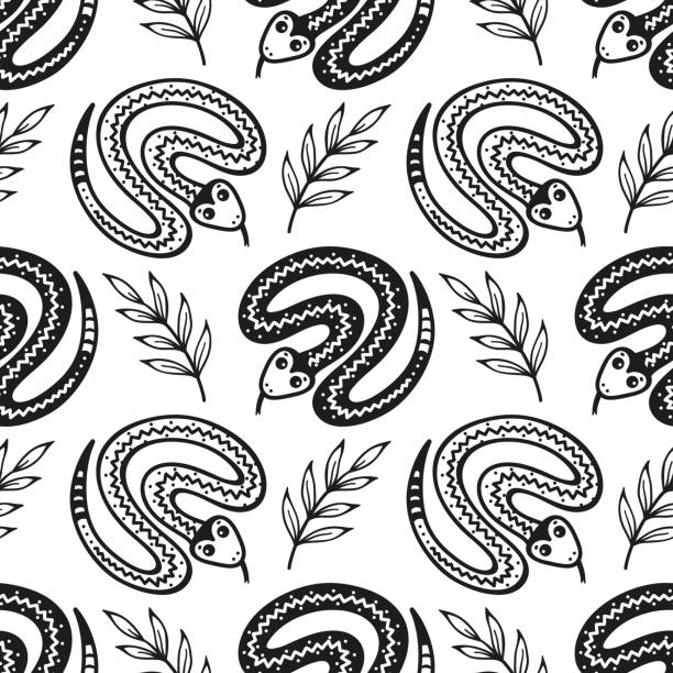 ilustraciones, imágenes clip art, dibujos animados e iconos de stock de lindas serpientes y hojas patrón sin costuras. divertida serpiente víbora. fondo en blanco y negro para el diseño de niños. - european adder illustrations