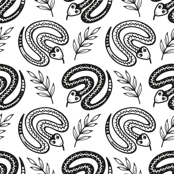 милые змеи и листья бесшовный узор. забавная змея-гадюка. черно-белый фон для детского дизайна. - european adder illustrations stock illustrations