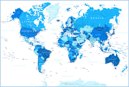 World Map Blue Political - Vector Detailed Illustration