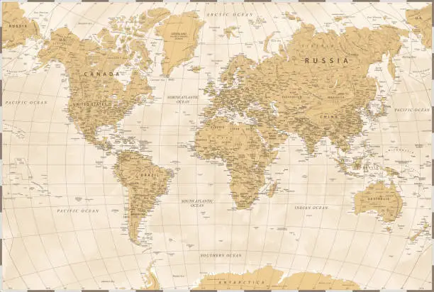 Vector illustration of World Map - Beige Golden Vintage Political - Vector Detailed Illustration