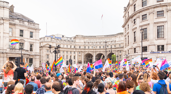 London, UK - July  6, 2019 People march in the annual pride parade of the LGBT community in the streets of London, Great Britain