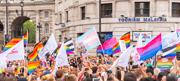 London, UK - July  6, 2019 People march in the annual pride parade of the LGBT community in the streets of London, Great Britain
