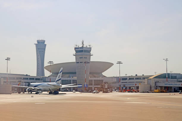 Ben Gurion international airport and control tower. Morning time stock photo