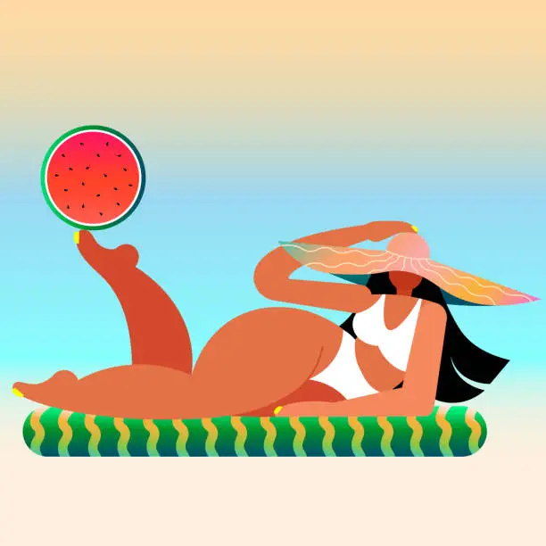 Vector illustration of Beautiful girl laying on watermelon mattress