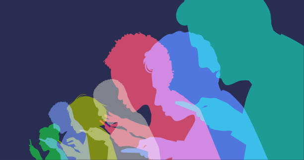 Mobile Phone Users Colourful overlapping silhouettes of mobile phone users. social media, trolling, cyberbullying, phone spam stock illustrations