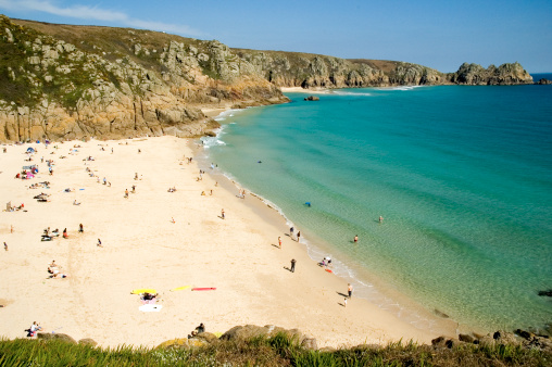 Porth Curno Beautiful beach in the springtime in Cornwall, the south coast of England