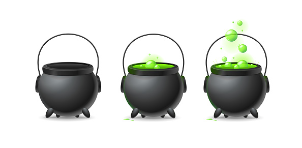 Realistic Detailed 3d Witch Cauldron Animation Set Isolated on a White Background. Vector illustration of Witches Pot